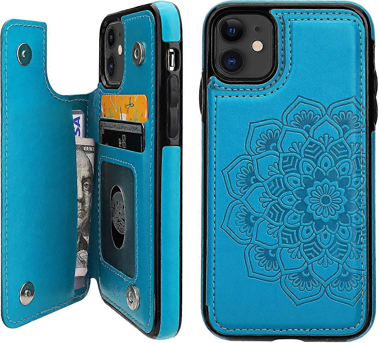 iPhone 12 Wallet with Card Holder, Vaburs Embossed Mandala Pattern Flower Premium PU Leather Double Magnetic Buttons Flip Shockproof Protective C