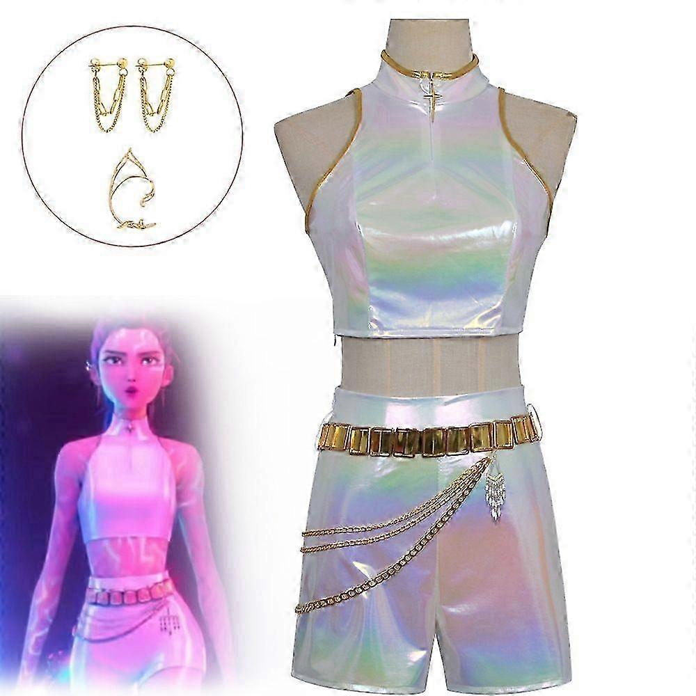 2025 KPop Demon Hunters Rumi Cosplay Costume Set White Halloween Party Fancy Dress for Womens _a