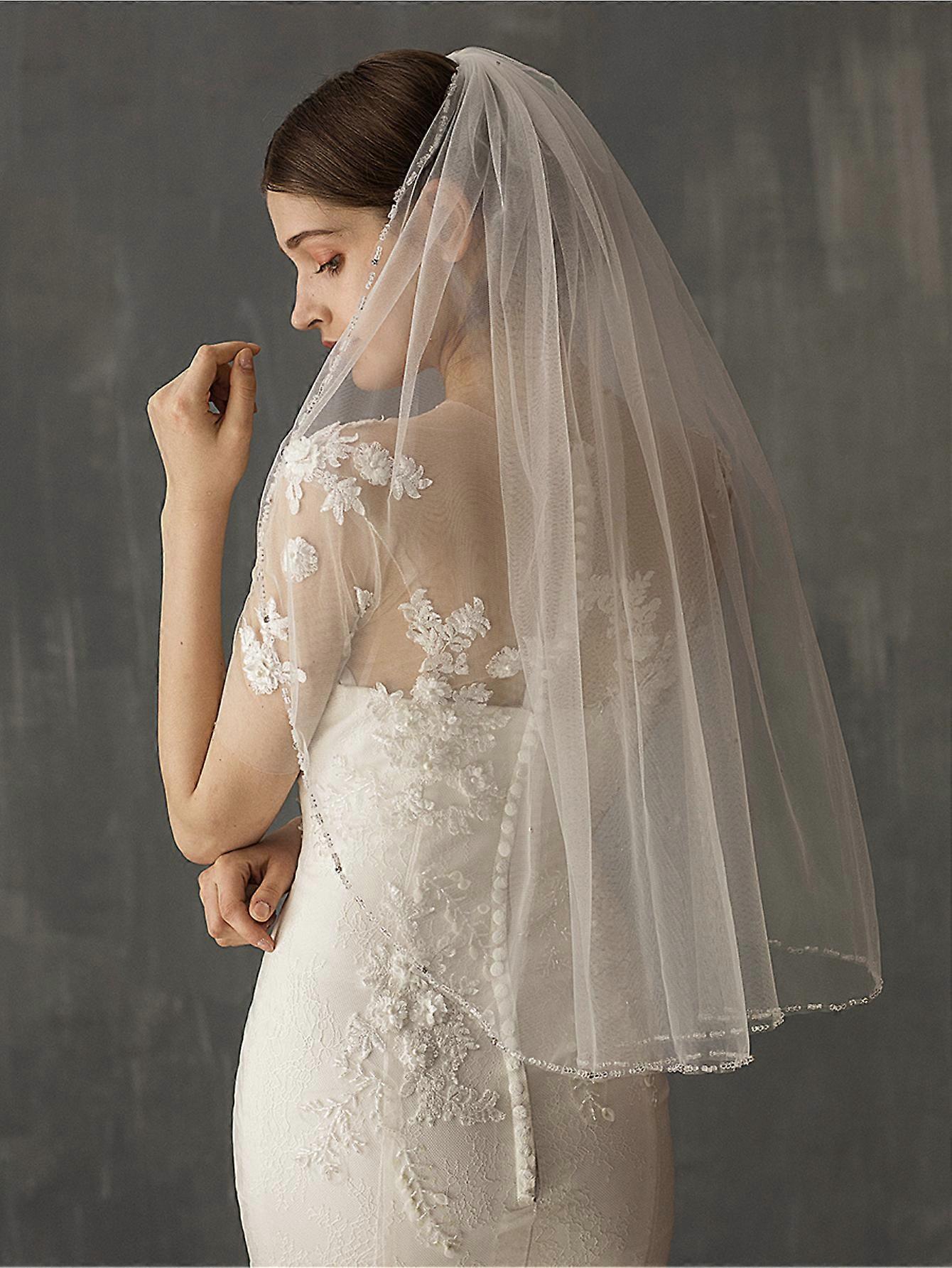 Hand-sewn bridal veil with pearls, white, single layer, medium length, elegant wedding accessory