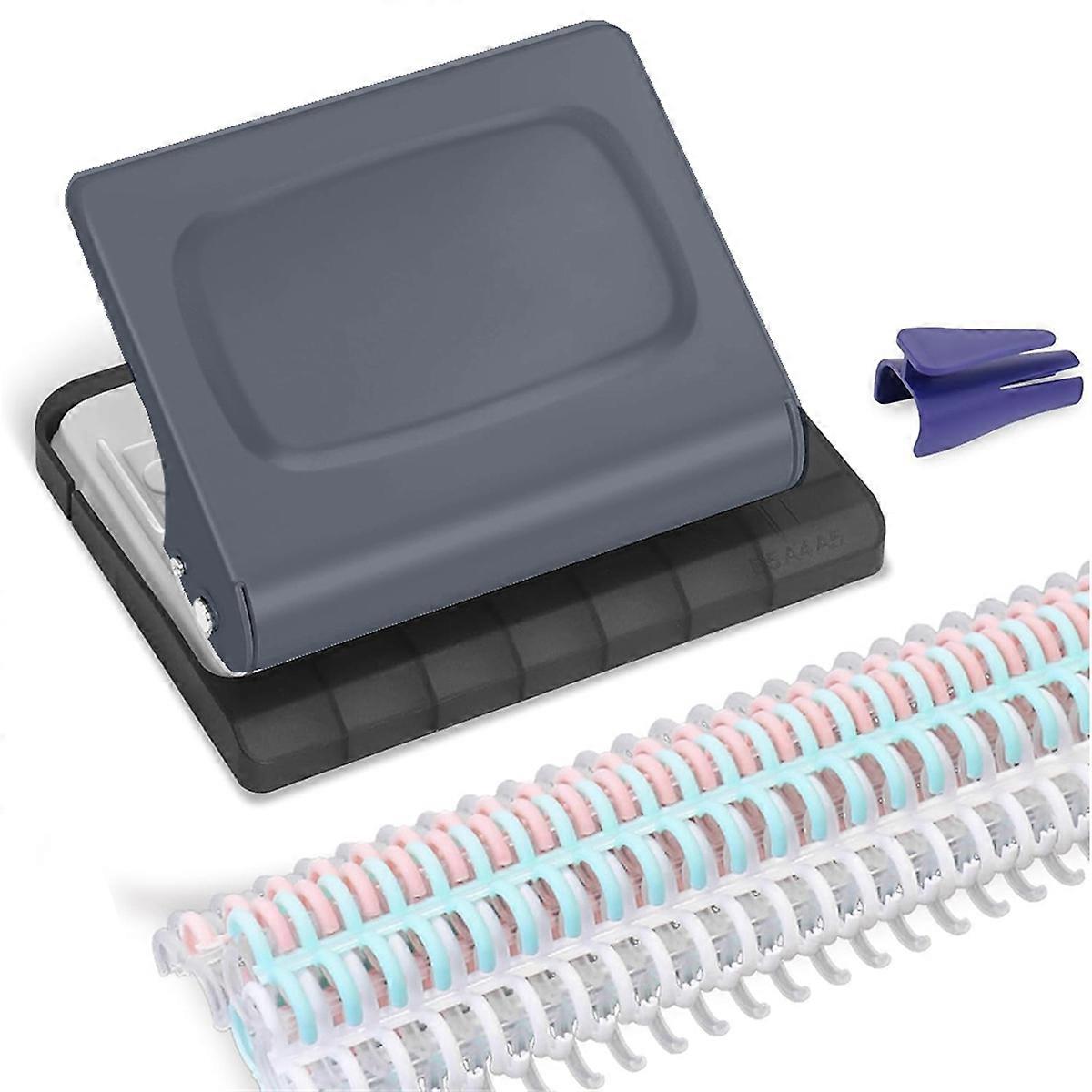 10 Hole Punch Binding Machine for Planners, with 10 Multi-Color Binder Rings, 30 Holes on A4, 20 Holes on A5 Grey