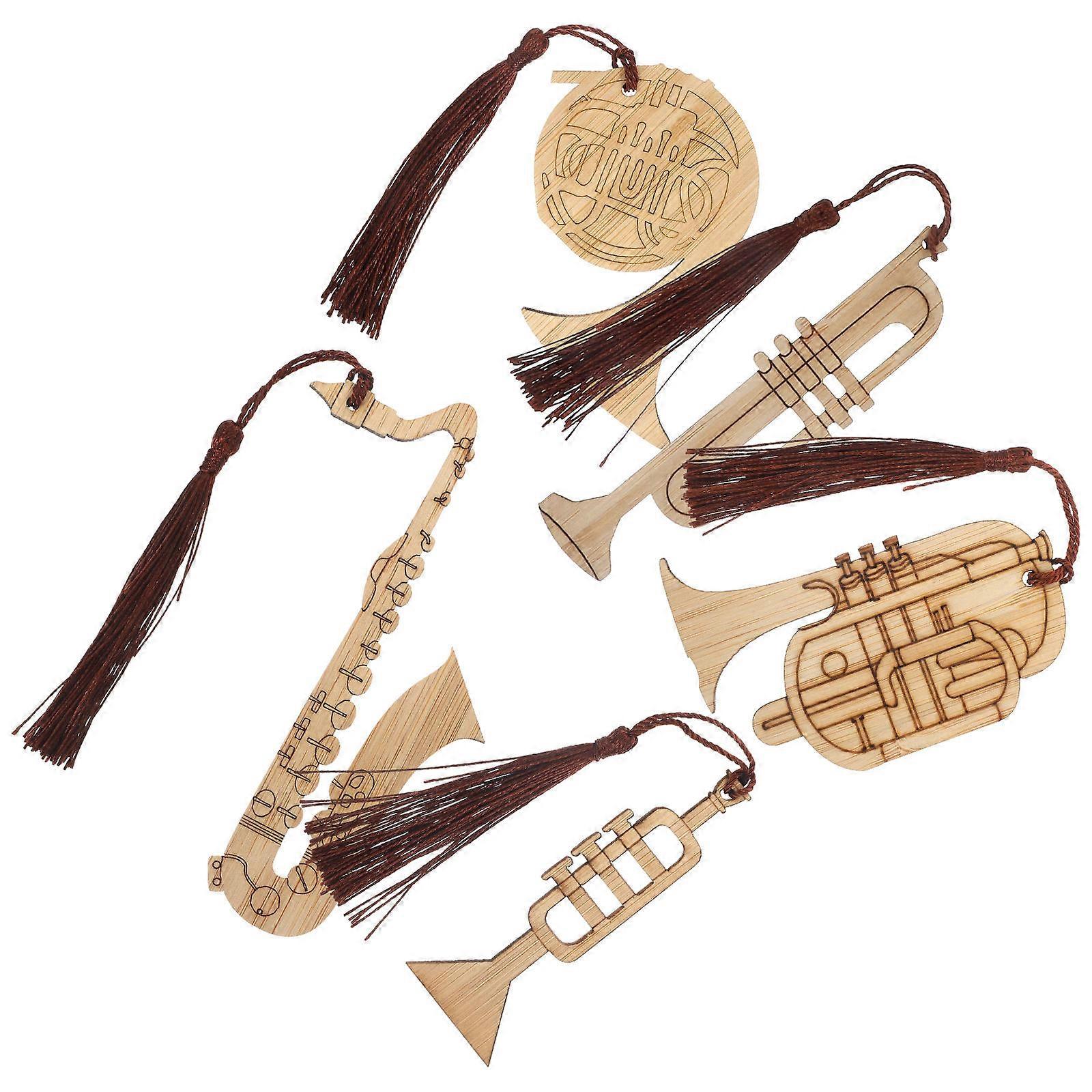Bamboo Bookmarks 5Pcs Assorted Color with Intricately Carved Instruments for Decoration