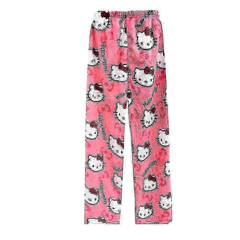 Kawaii Pyjamas För Kvinnor Flickor Jul Tecknad Katt Hello Kitty Överallt Tryck Mjuk Flanell Xmas Anime Mjuk Sömn Pyjamas Byxor