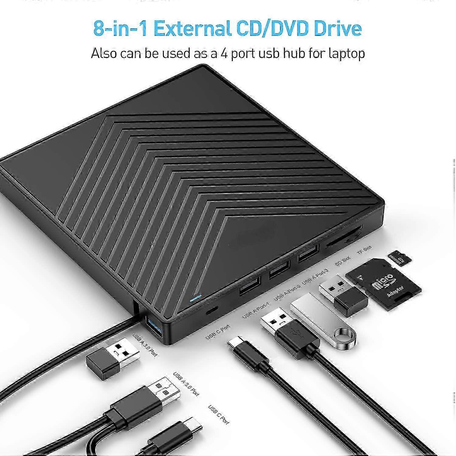 25-26 Ultra Slim External CD DVD Drive With 8 In 1 Usb Hub, Plug And Play Optical Disk Drive For Macbook Imac Notebook Desktop Laptop, Windo