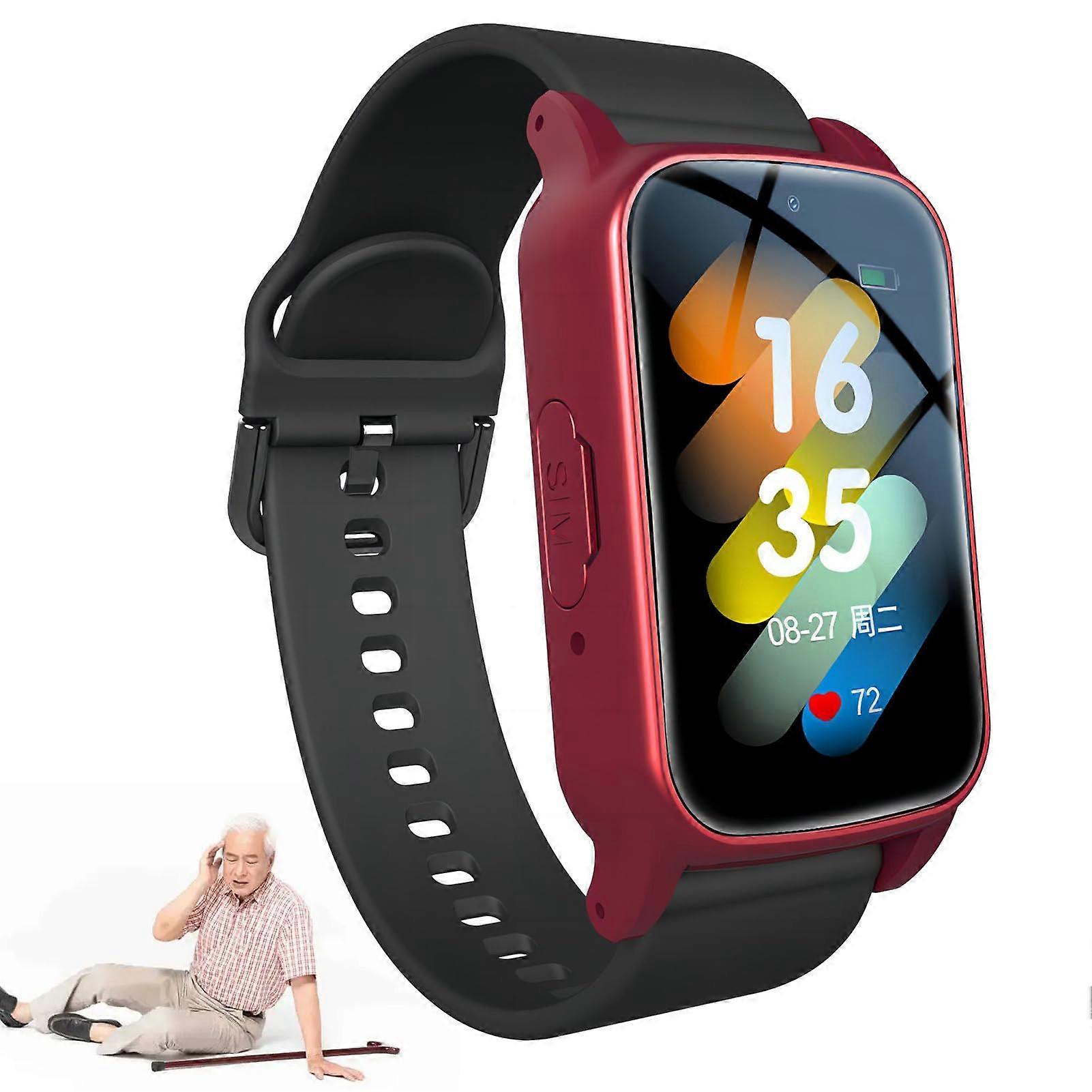 Fall Detection Smartwatch For Seniors With GPS Tracking SOS Emergency Call Waterproof HD Video Voice GeoFence Health Red