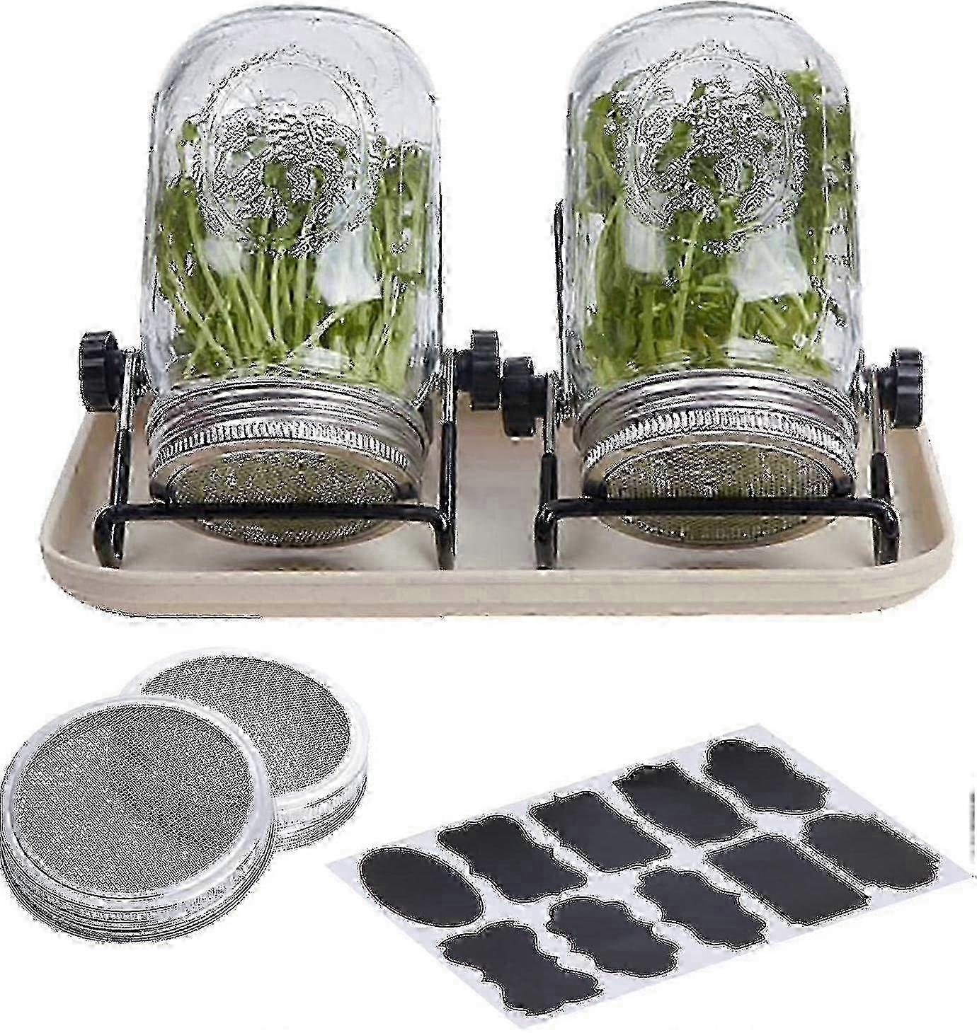 Sprouts Growing Kit with Stainless Steel Screen Sprout Lids, Wide Mouth Mason Jars Sprouting Stands and Drip Tray Label Sticker for Planting Seeds