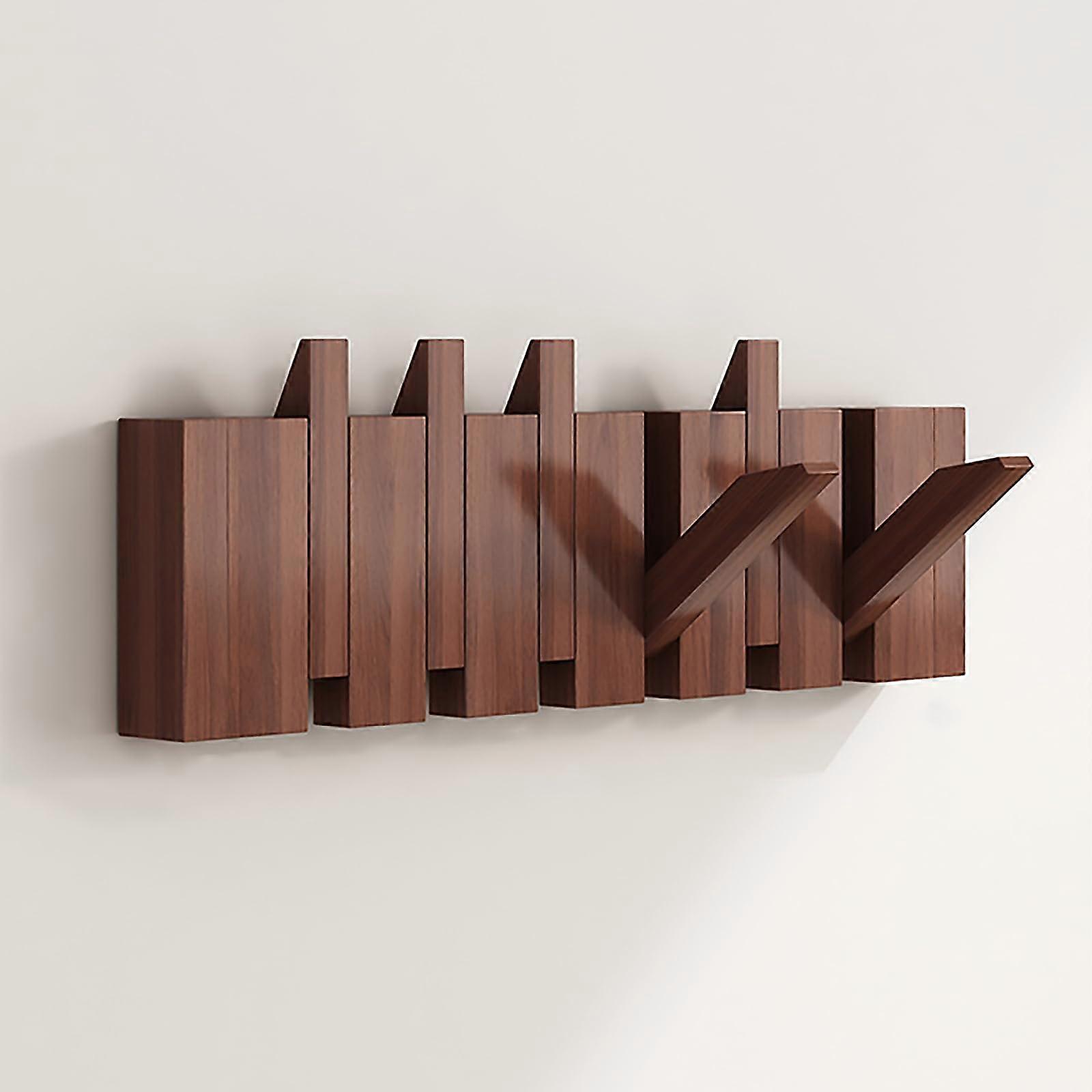 Wooden Coat Hooks Wall Mount Rack, HeavyDuty FlipDown Hanger, 6 Hooks, Walnut Finish, For Coats Keys Hats Robes Towels
