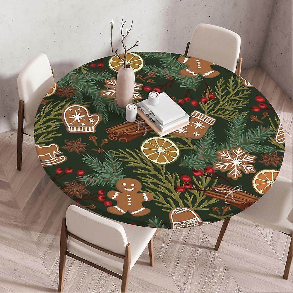 Christmas Round Tablecloth with Elastic Waterproof Wipeable Cover for Home Party, Gingerbread Man 80cm