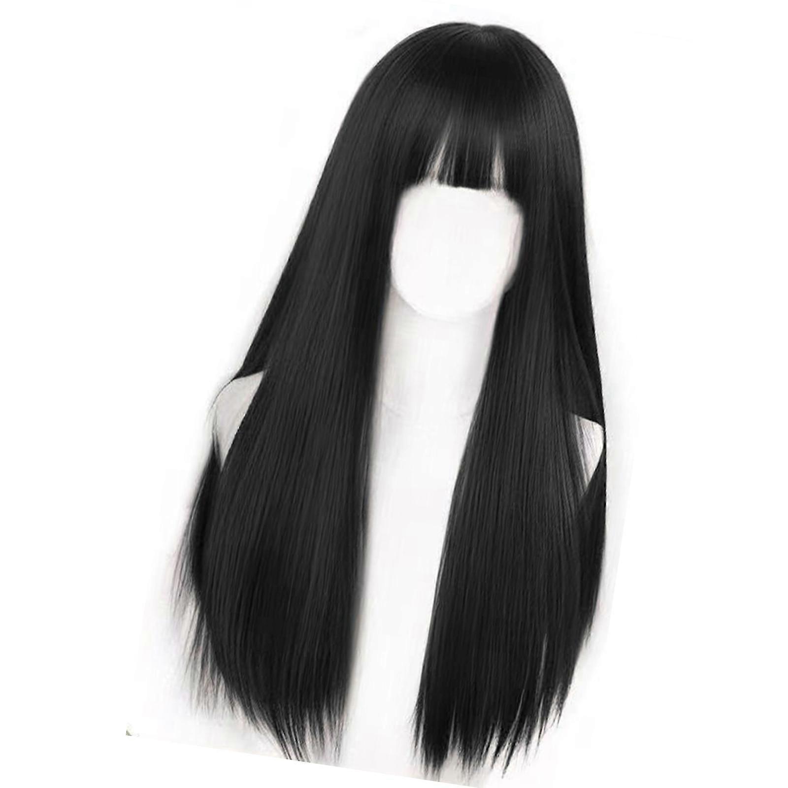 Long Style Synthetic Wigs With Bangs Breathable Mesh Base Heat Resistant Comfortable Daily Use  Natural Black