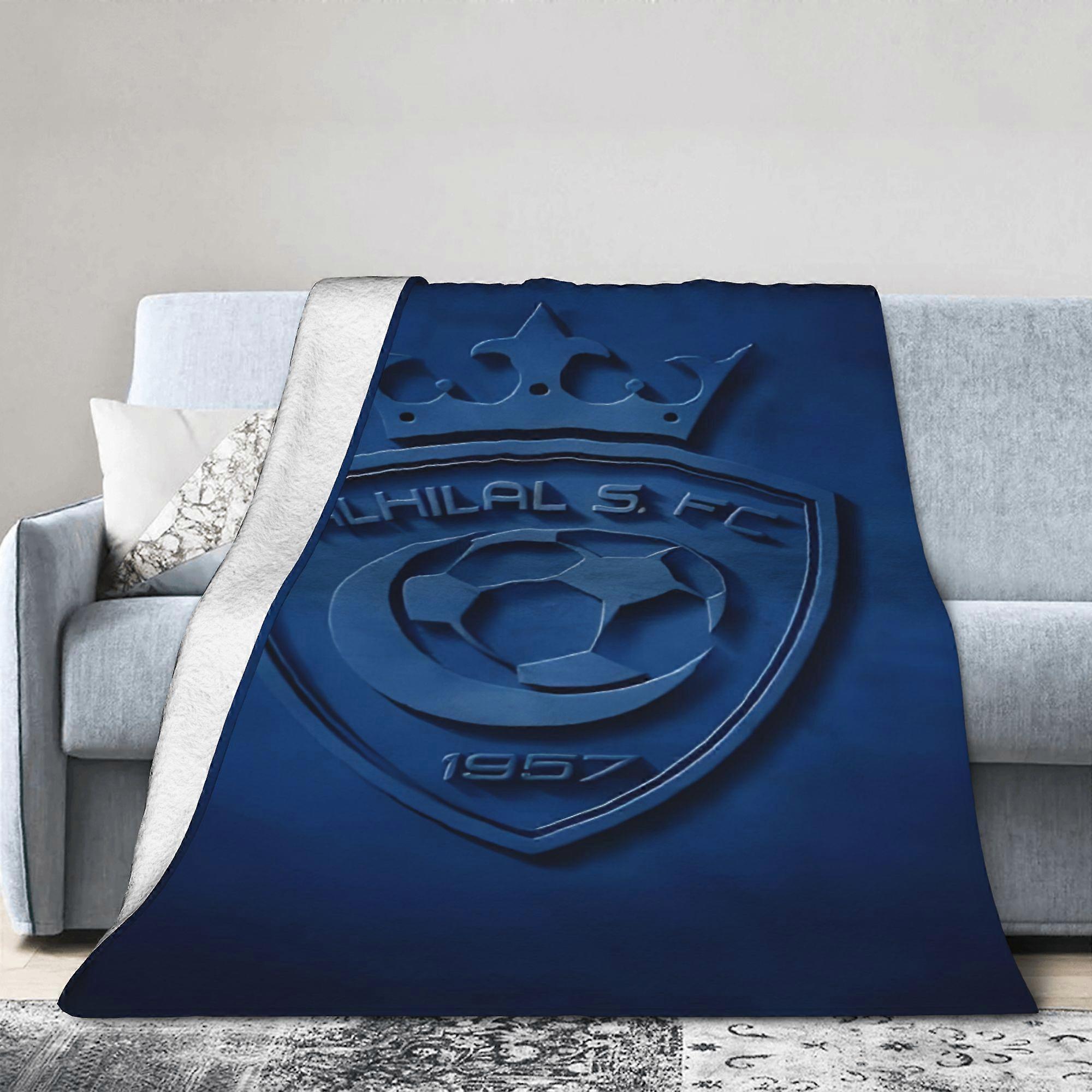 1pc Al Hilal FC Themed Flannel Blanket - Soft Lightweight Soccer Design with Team Logo & Emblem, Deep Blue & White Accen-MZGAQ325