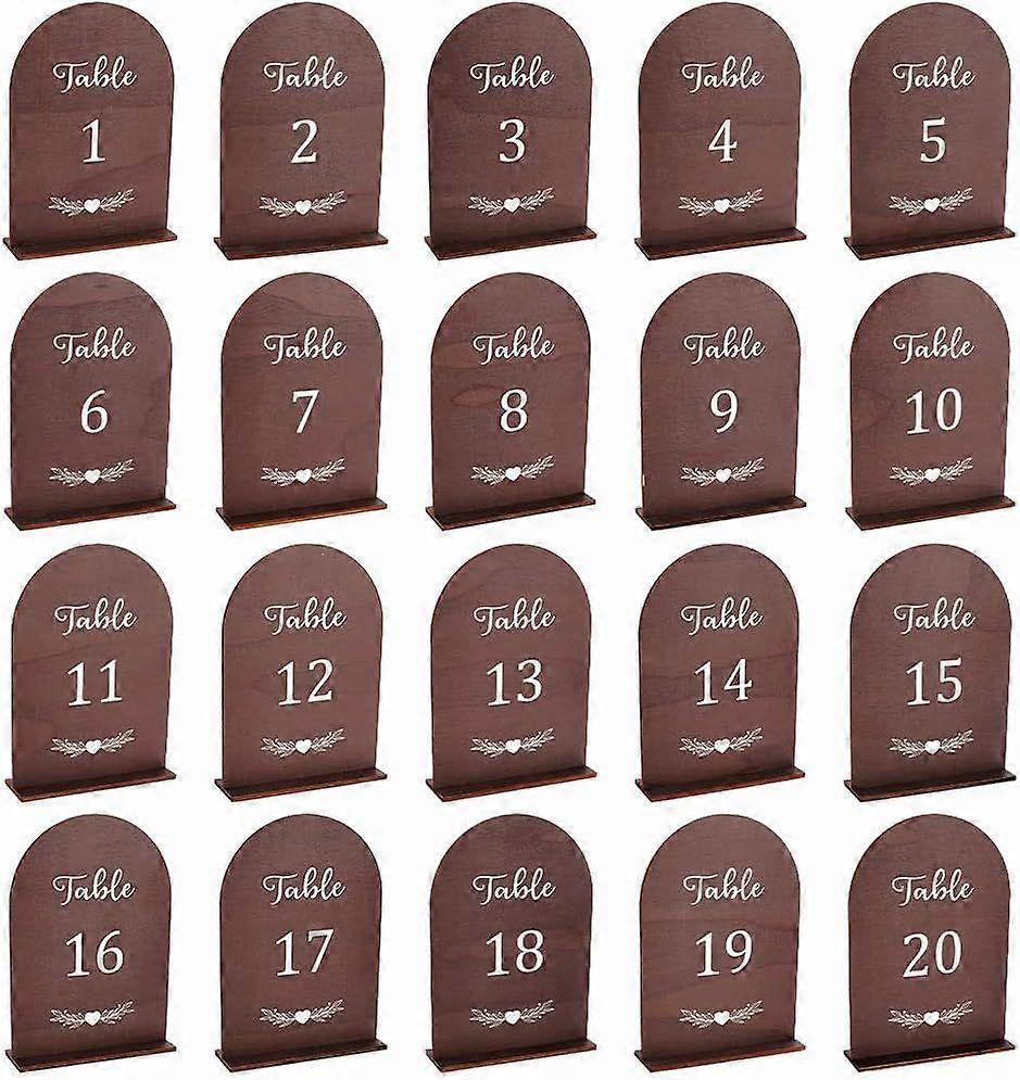 20 Sets Wooden Table Numbers Table Number Signs 1-20 Arch Wedding Number Set Single Sided Number Plate with Base for Wedding Reception Restaurant Birt