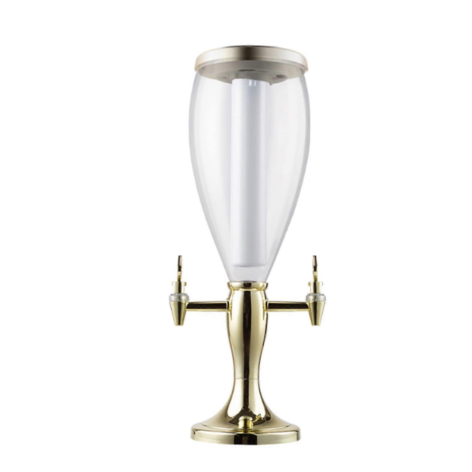 Beer Tower Dispenser with Ice Tube and Dual Taps for Draft Beer, Wine, Juice, 3L Gold
