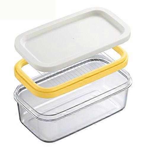 Butter Dish with Lid, Rectangular Clear Glass Food Storage Container for Kitchen, White and Yellow Trim