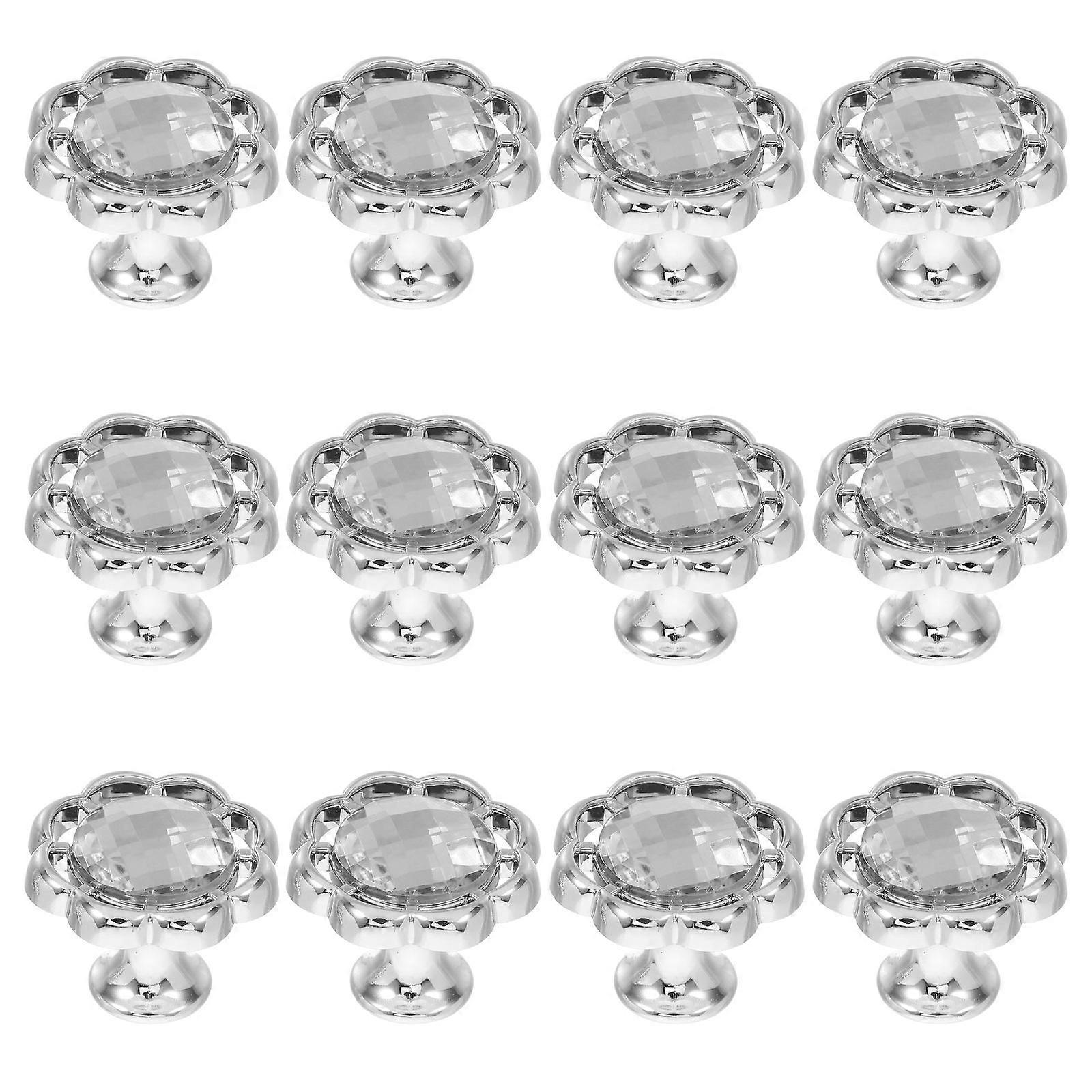 Flower Shape Cabinet Knobs for Drawer Handles 12Pcs Silver with Rhinestones