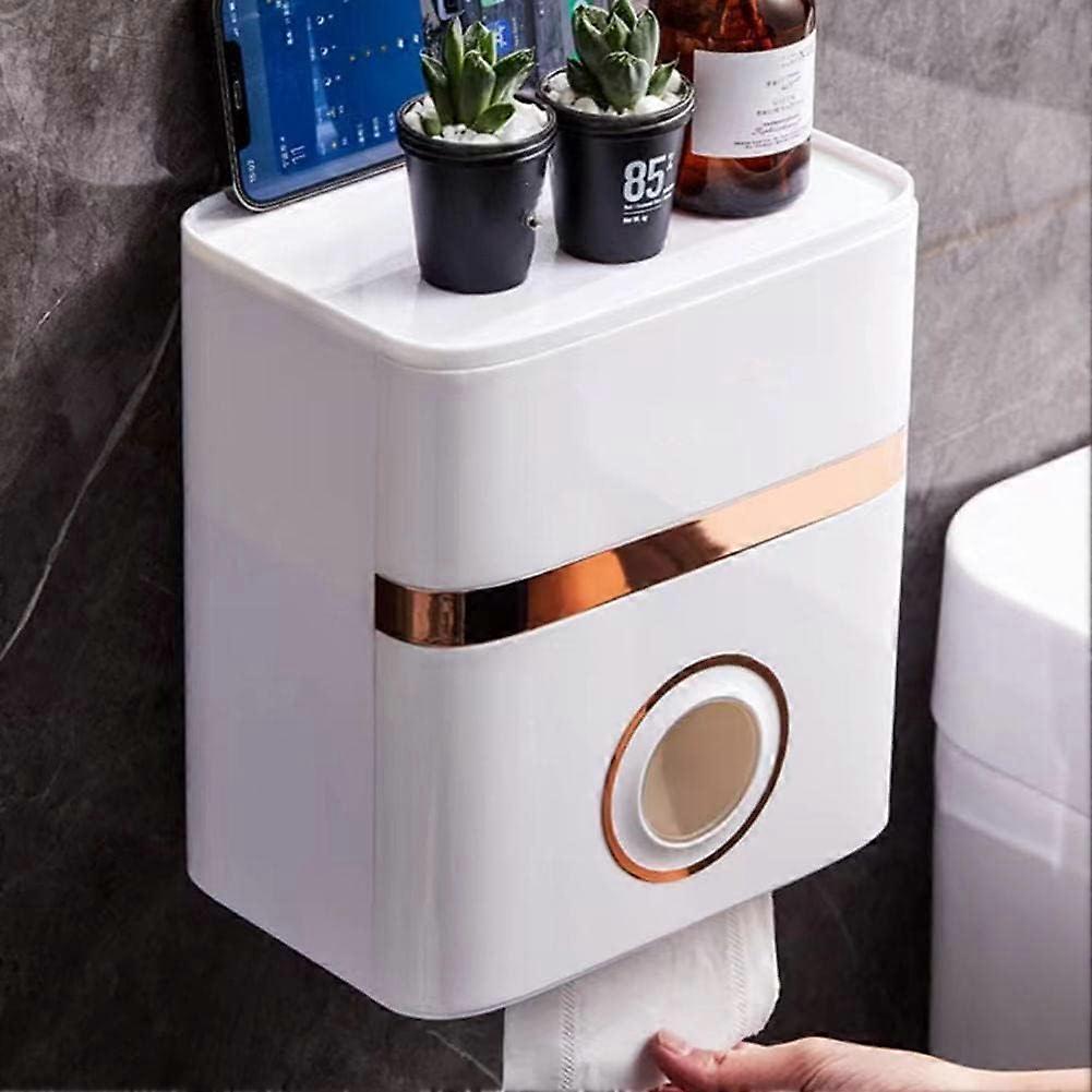 Waterproof Wall Mounted Tissue Holder with Double Roll Storage Shelf and NoDrill Installation