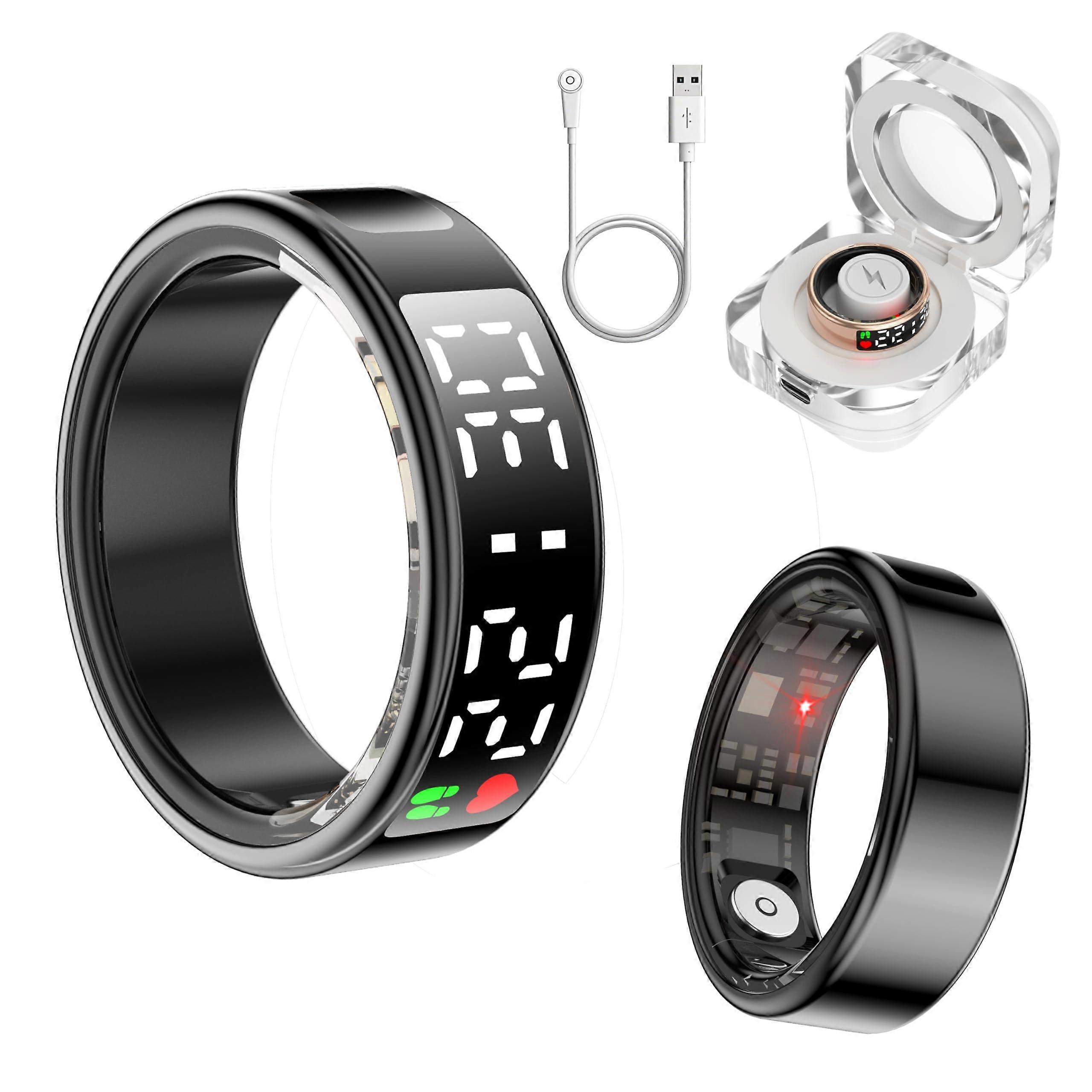 Smart Ring with LED Display, Bluetooth Health Tracker, IP68 Waterproof, Wireless Charging Case Black 10#