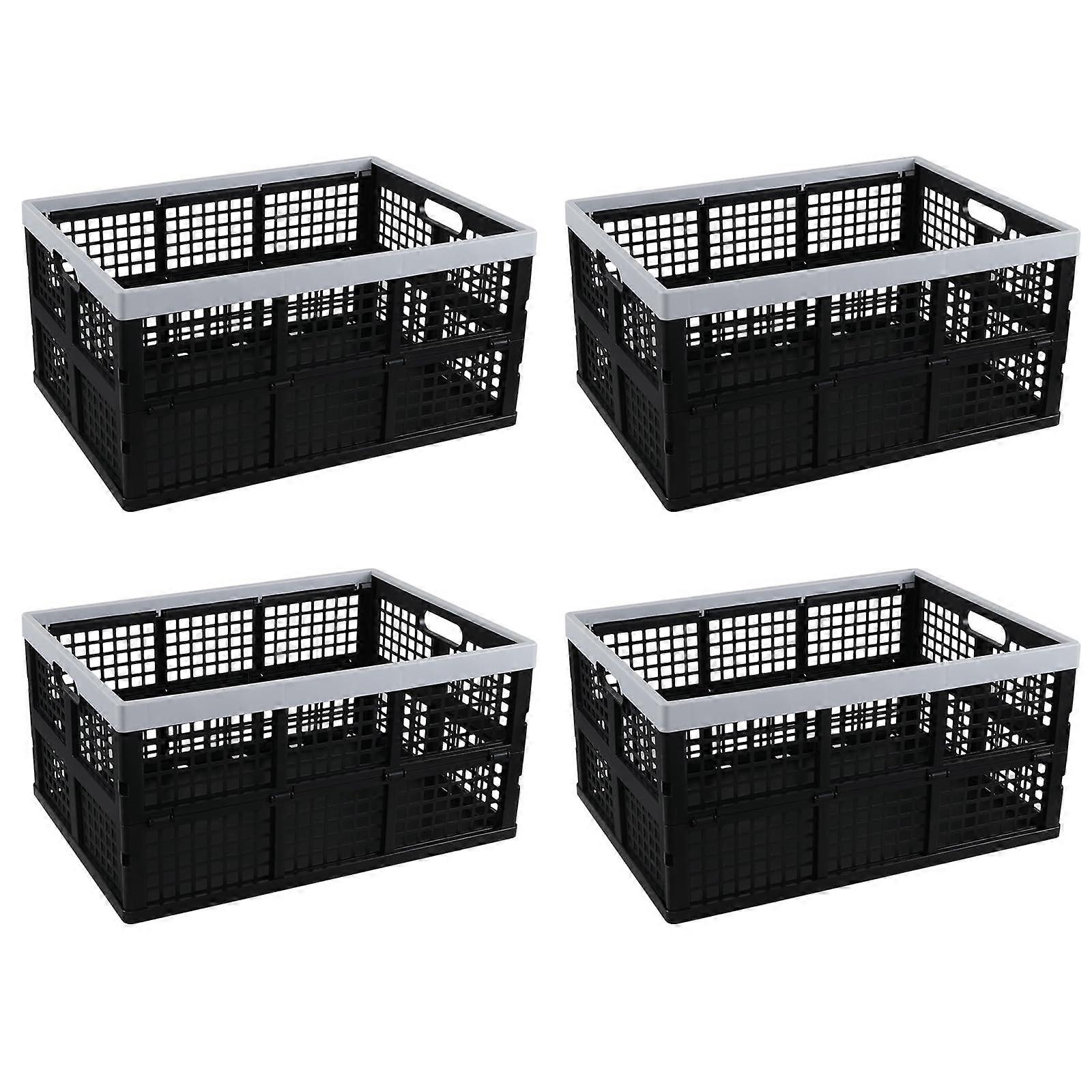 4 Packs 66L Black Heavy Duty Collapsible Plastic Storage Crates with Stackable Ventilated Design