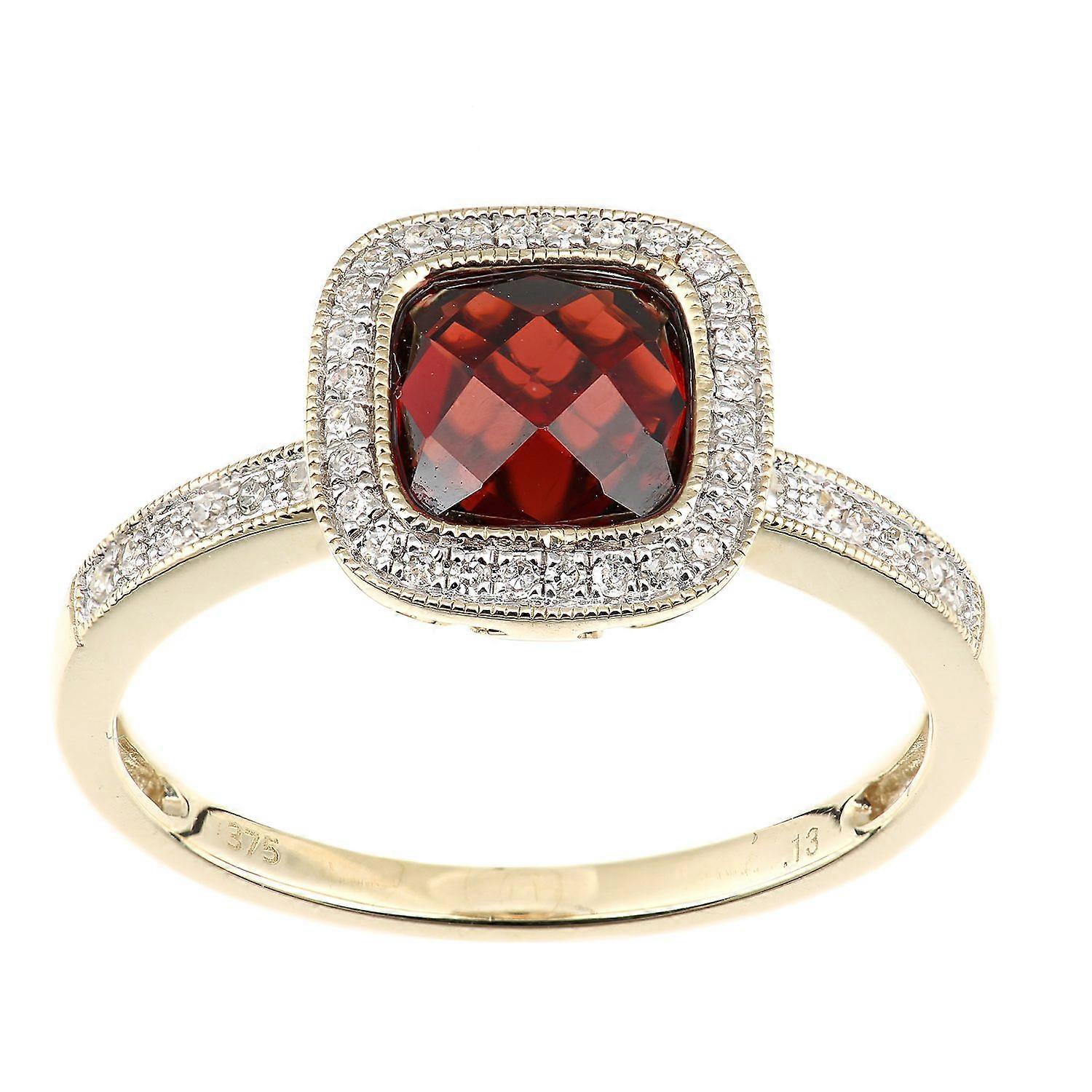 Jewelco London 9ct Yellow Gold Round 13pts Diamond Cushion 2ct Garnet Square Cushion Beaded Halo Cocktail Ring