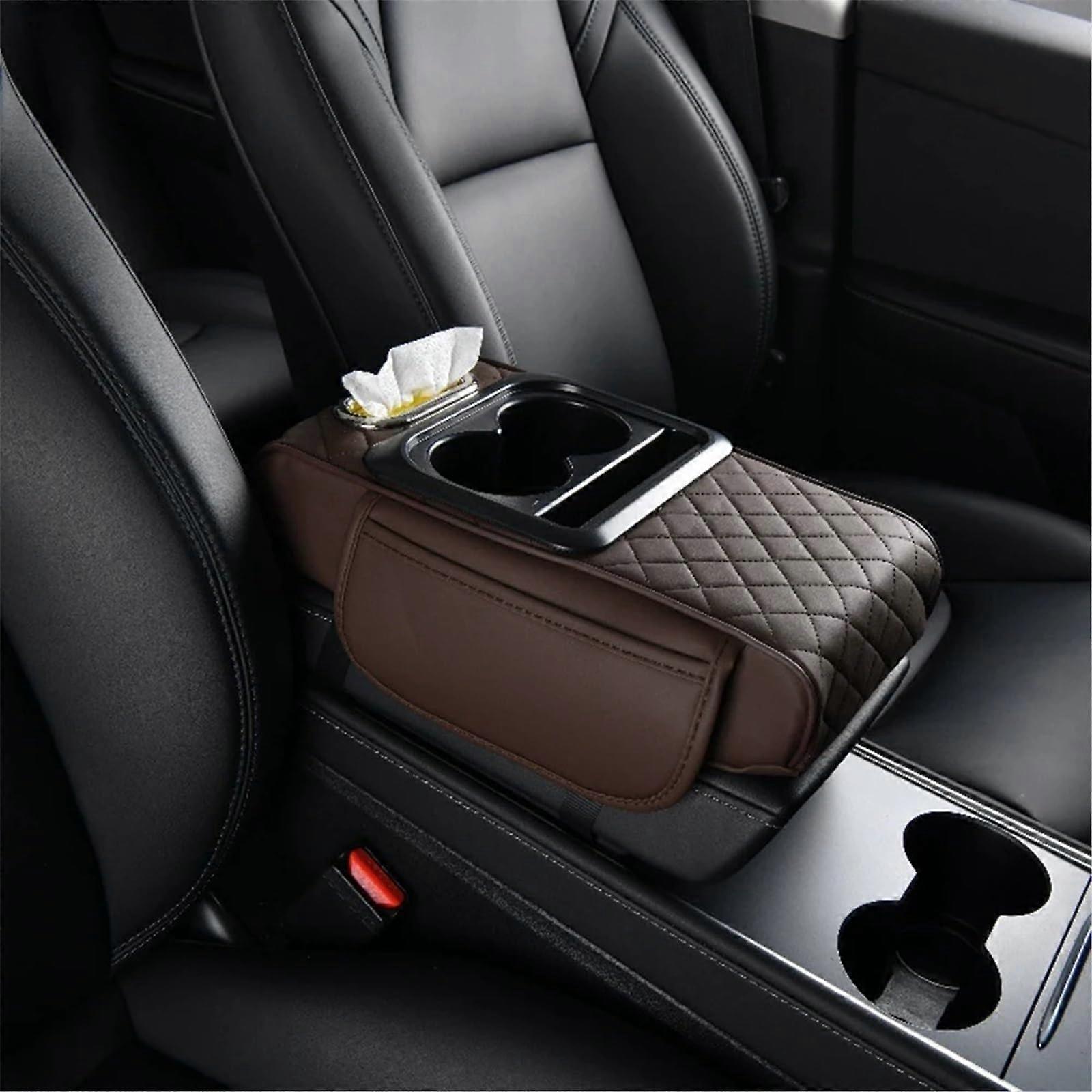 Car Armrest Pad PU Leather with Cup Holder, Multifunctional Storage Box, Universal Fit Chocolate