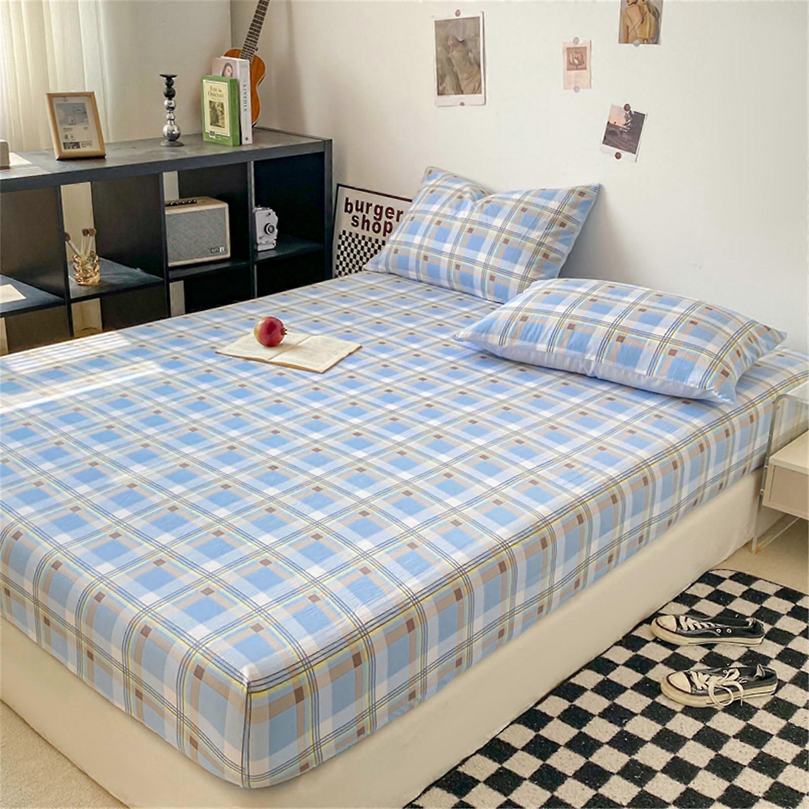 Blue Gingham Microfiber Fitted Sheet 90x200cm Twin Queen Size, Deep Pocket, Soft and Durable