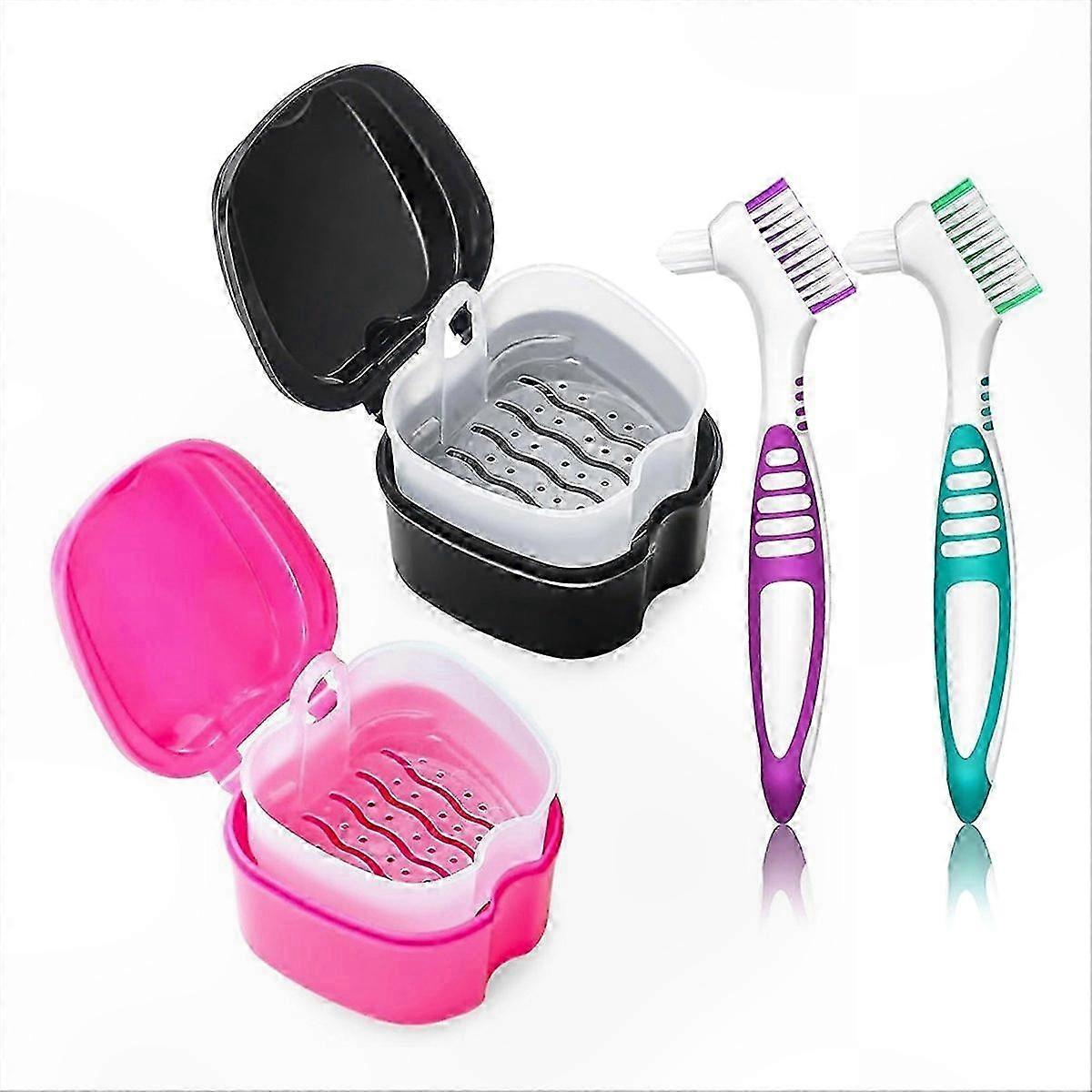 2-Pack Denture Soaking Bath Cup with Retainer Cleaner Holder for False Teeth Storage Container