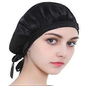 Solid Color Nightcap Real Silk Sovende Hårtap hatter for kvinner jenter (svart)