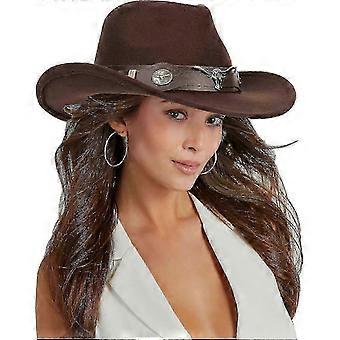 Chapeau de cowboy classique western à larges bords en feutre pour femme et homme (tailles S-M) Café avec taureau, taille M