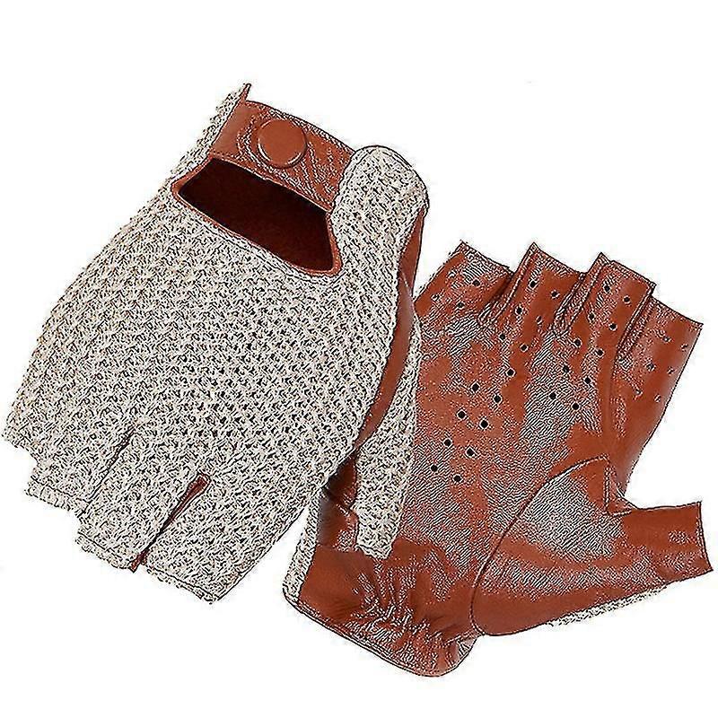 Men Genuine Goatskin Leather Gloves Half Finger Hook-loop