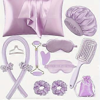 13 Pcs Sleep Hairstyle Design Tool Set, No Heat Curling Kit with Pillowcase Eye Mask Face Roller, Overnight Curlers, Light Beige, 3 Colors to Choose