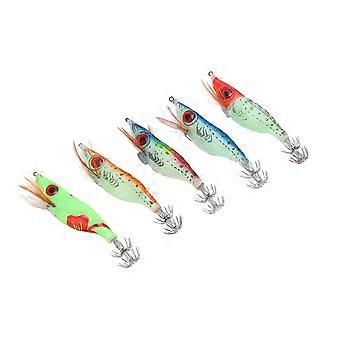 5 PZ Falso Legno Gamberetti Esca Pesca Wobbler Calamari Jig Esche Artificiali con Gancio Luminoso