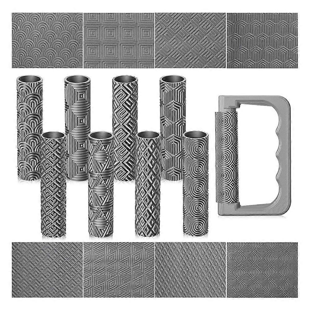 9 Pcs Clay Texture Roller Set with Handle, Geometric Pattern Rollers for Clay and Crafts