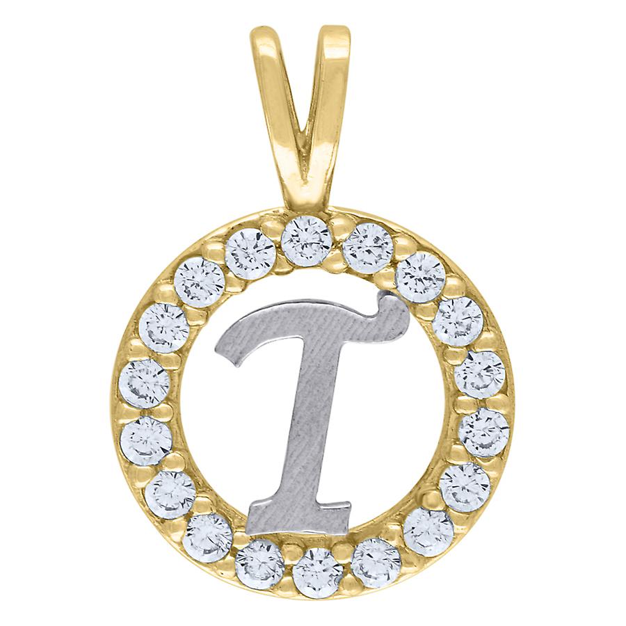 10k Two tone Gold Unisex Cubic Zirconia Letter Name Personalized Monogram Initial T Round Charm Pendant Necklace 17.8x12