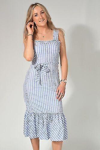 Warehouse   Chambray Wide Stripe Sleeveless Frill Trim Midi Dress