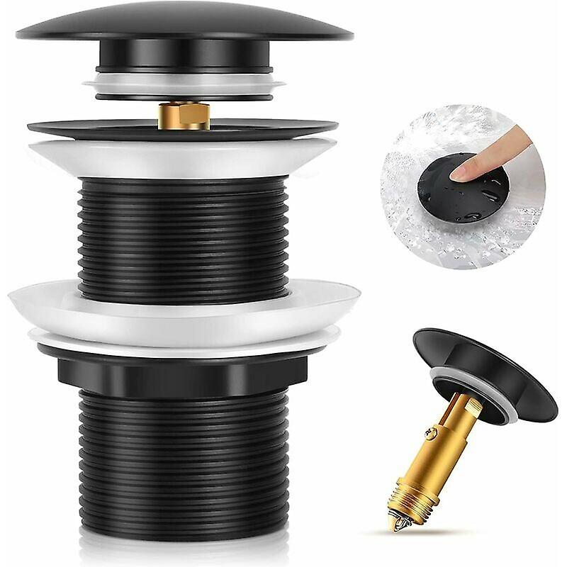 Universal black sink drain without overflow, automatic pop-up for countertop washbasin.