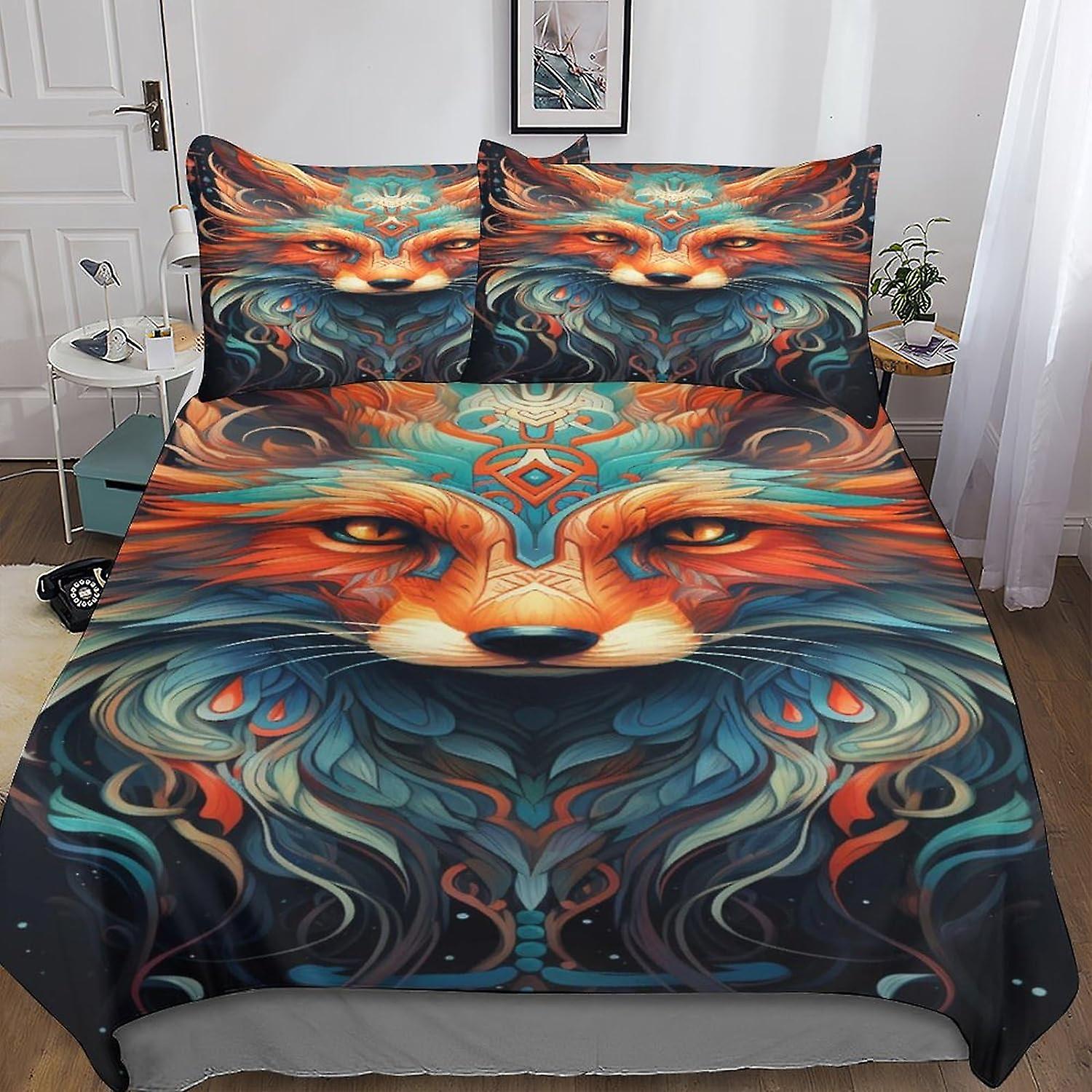 VCLUST Fox Sängkläder Uppsättningar 3D Täcke Täcke Färgglad Stil Påslakan Set För Barn Dekor Täcke Täcke 3 Piece Set Med Dragkedja Stängning Mjuk Microfiber