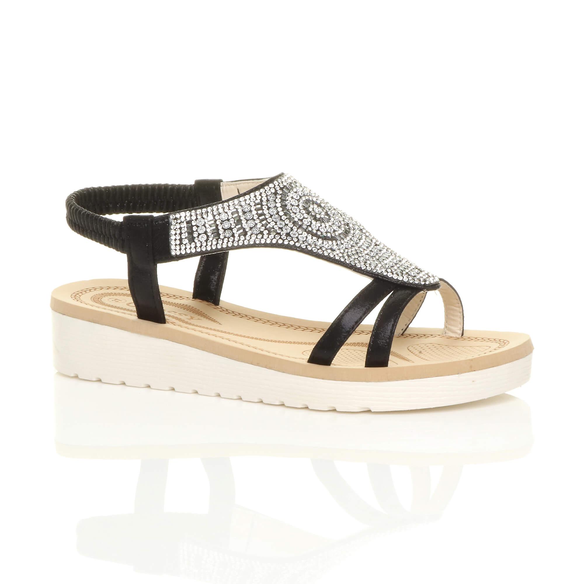 Ajvani womens low wedge heel flatform diamante t-bar slingback sandals