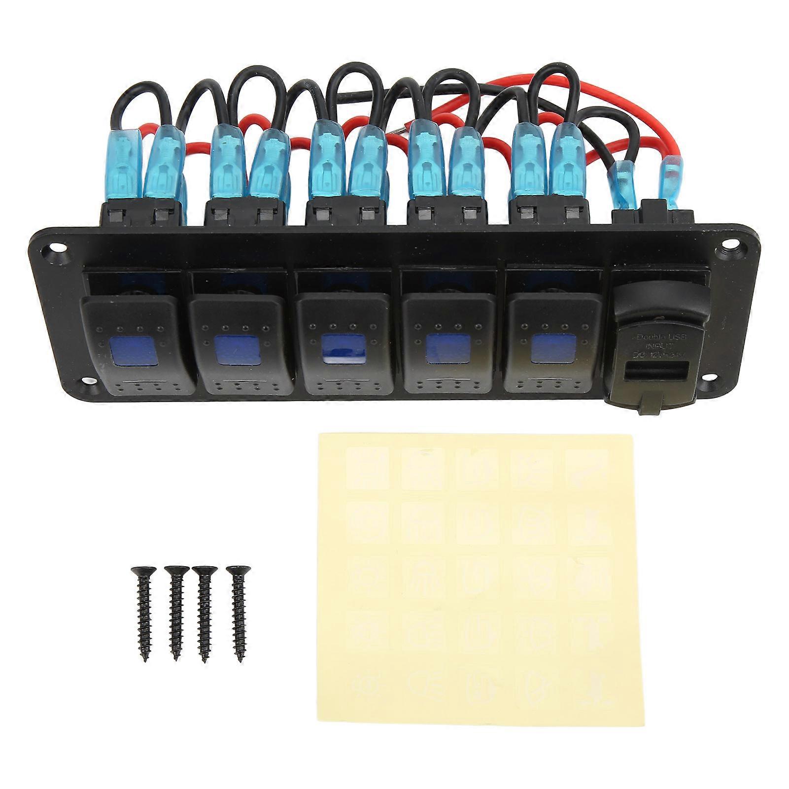 5 troep tuimelschakelaar paneel waterdichte dubbele USB-oplader met voltmeter blauw verlicht LED voor auto RV jacht boot