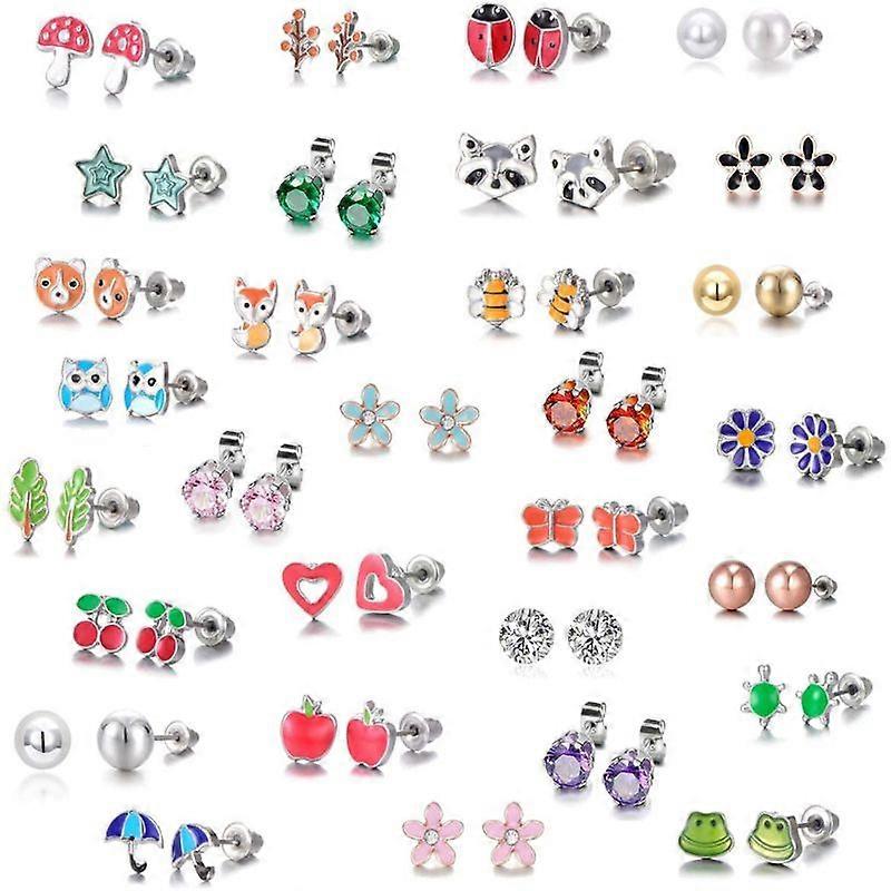 30 Pair Stainless Steel Mixed Bee Frog Tree Daisy Umbrella Stud Earrings Set Kit