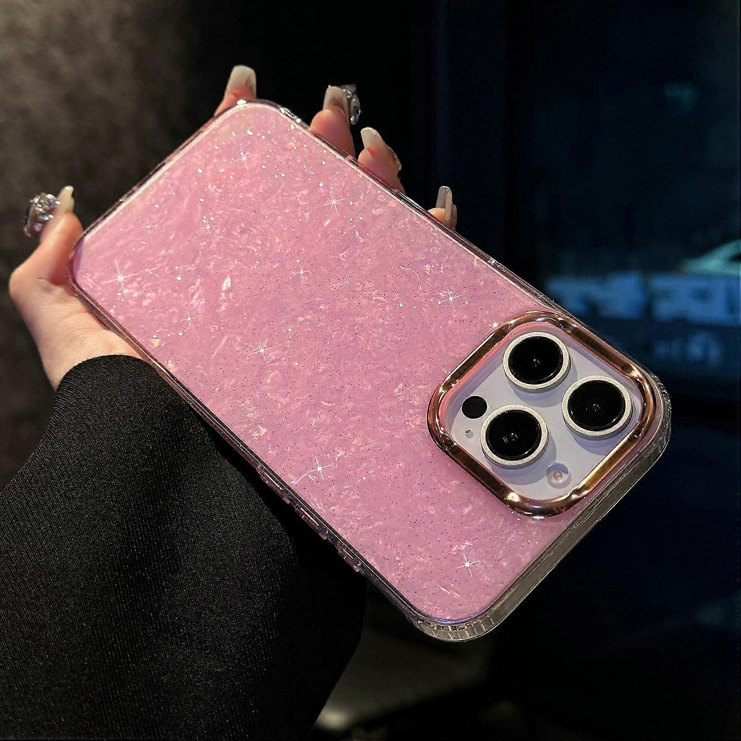 For iPhone 16 Pro Max Case IMD Shell Pattern PC+TPU Phone Cover - Transparent Pink