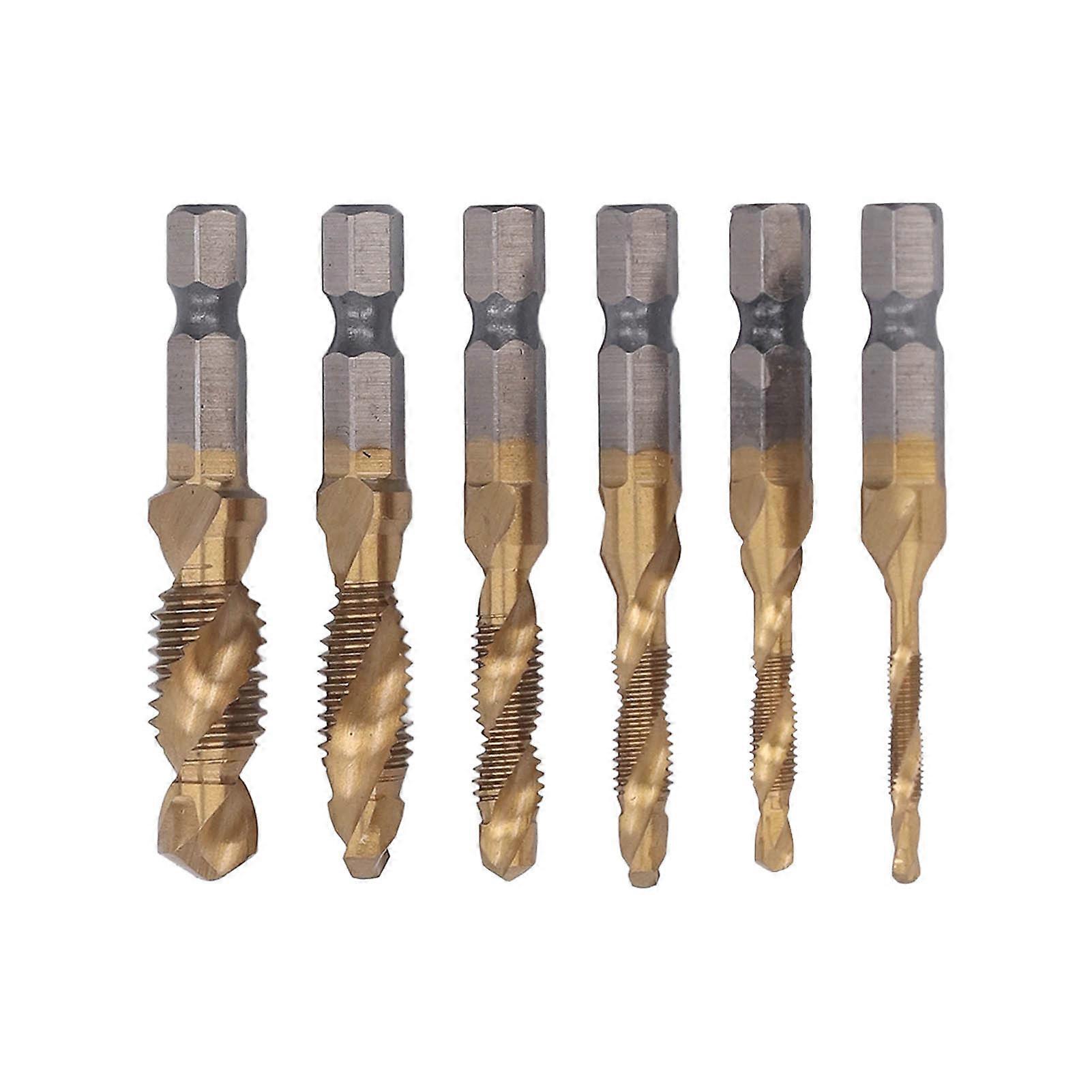 6PCS Hex Shank Combination Tap Set Spiral Flute Drill Taps High Speed Steel Thread Tapping Tool Gold