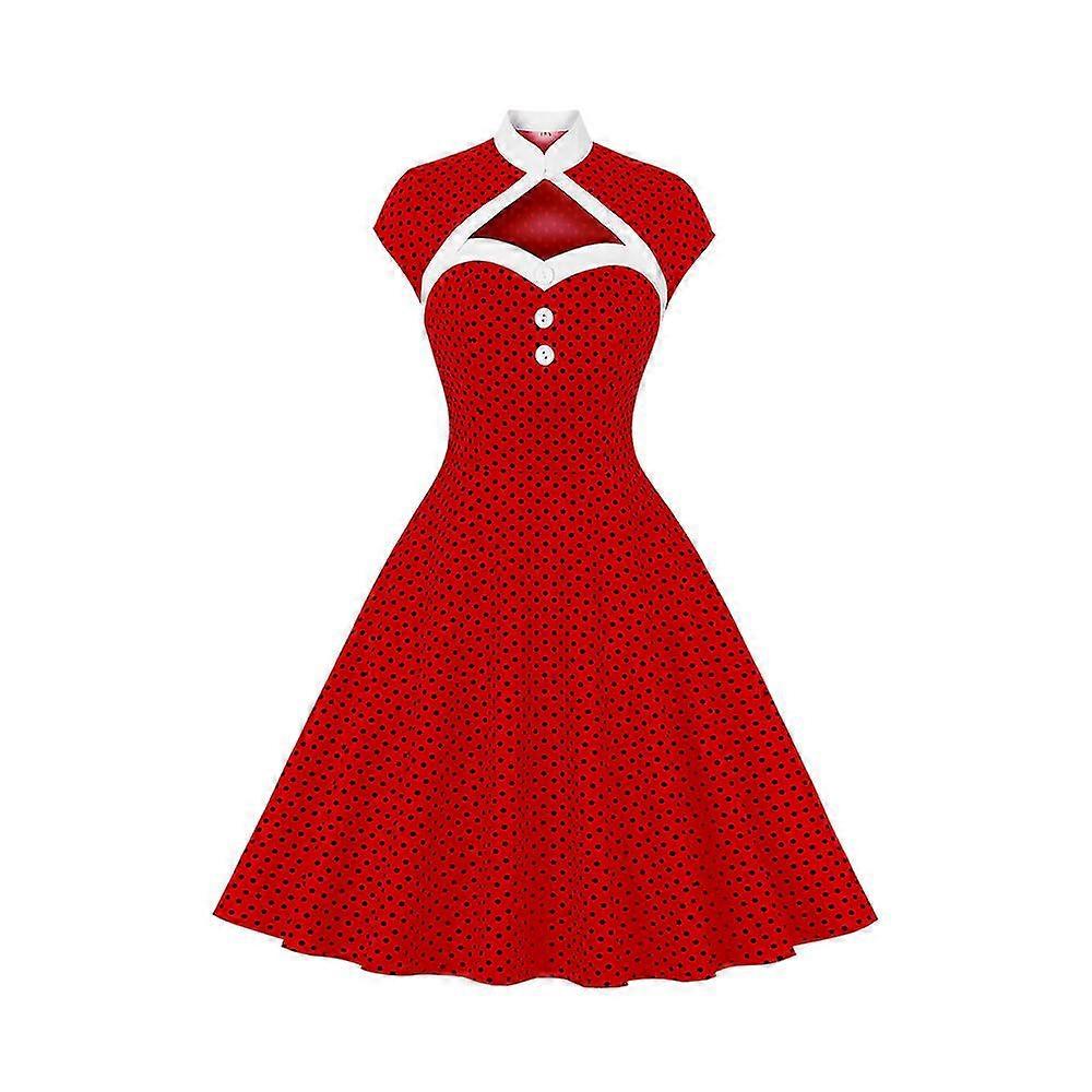 Women Retro Polka Dot Cap Sleeve Keyhole Dress Party Swing A-line Hepburn Dresses