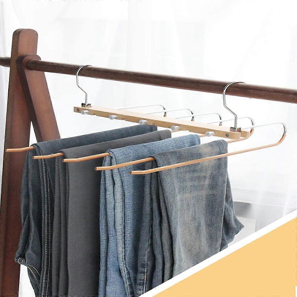 Percha de pantalones, perchas de pantalones múltiples, percha que ahorra espacio, perchas de pantalones de madera 5 en 1 | ES