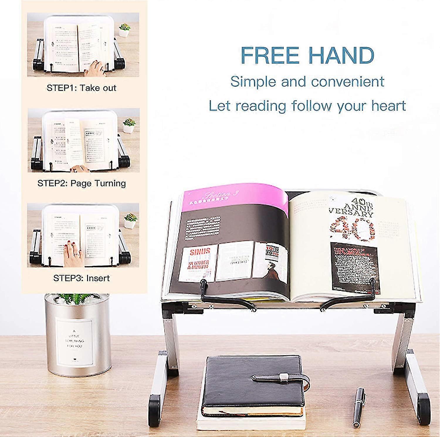 Foldable Book Stand With Aluminum Arm, Height And Angle Adjustable Book Stand With Book Clamp, Portable Book Reading Stand