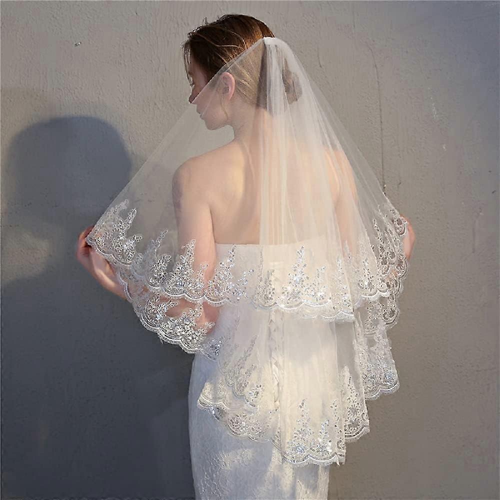 Voile de mariée de mariage à 2 niveaux avec peigne brillant dentelle blanche