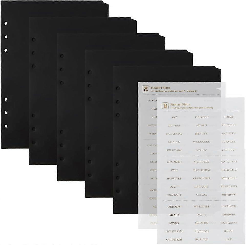 35 Sheets 7-Tab Black Binder Dividers A5 PVC 6-Hole Paper Index Dividers 21.1x14.3cm/8.3''x5.6'' Index Page Tab Card with 2Pcs Waterproof Self Adhesiv