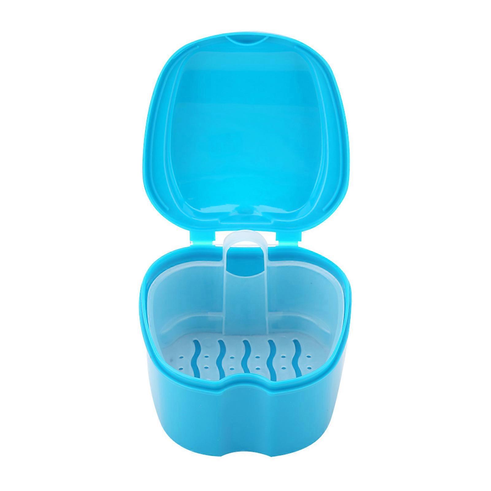 Denture False Teeth Storage Box Case With Filter Screen Dental Appliance Light Blue