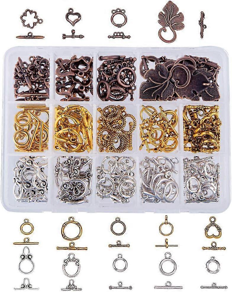 112Sets 14 Style Tibetan Toggle T-Bar Clasps Alloy Jewelry Clasps Toggle Clasps for Jewelry Making Antique Bronze/Silver/Golden