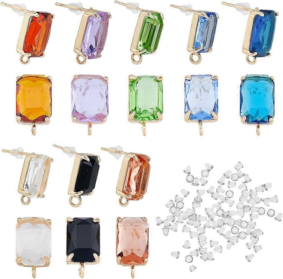 16Pcs 8 Colors Brass Stud Earring Findings Glass Rectangle Earring Stud with Loop Earring Studs Posts Hole: 1.6mm