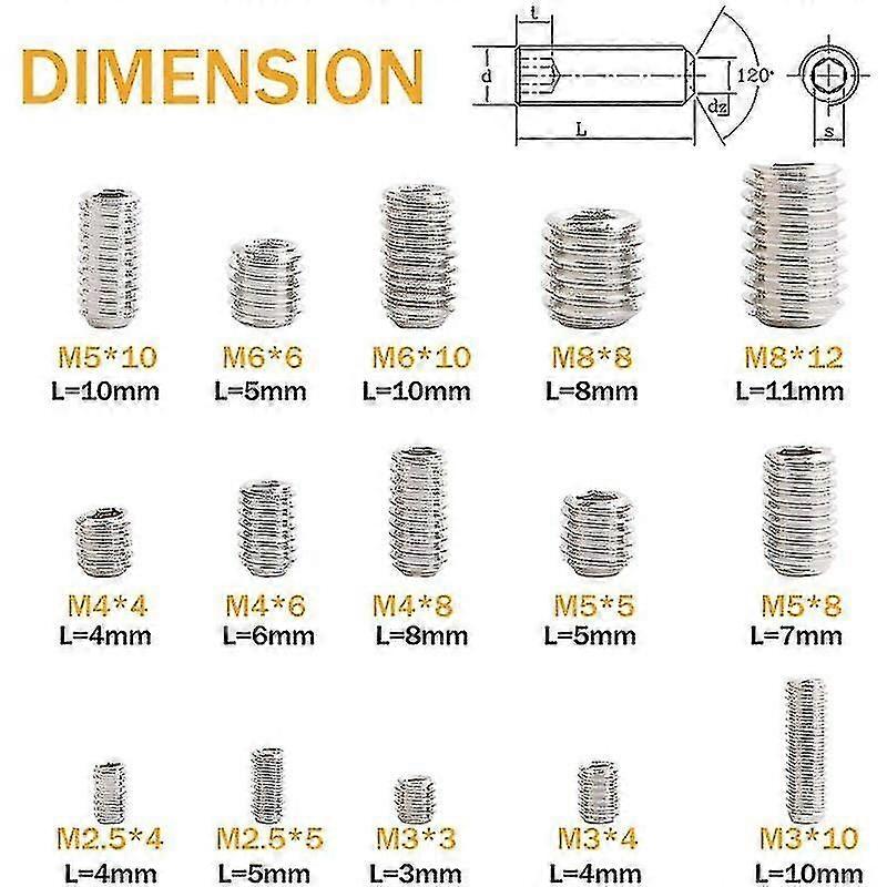 300pcs Kit M2.5 M3 M4 M5 M6 M8 Hexagonal Grub Screws, Set Assortment Kit Stainless Steel Hex Socket Set Screw-needle Screws With Internal Hex Dr