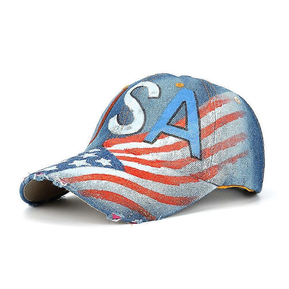 Hand-Painted USA Flag Denim Baseball Cap Outdoor Snapback Hat