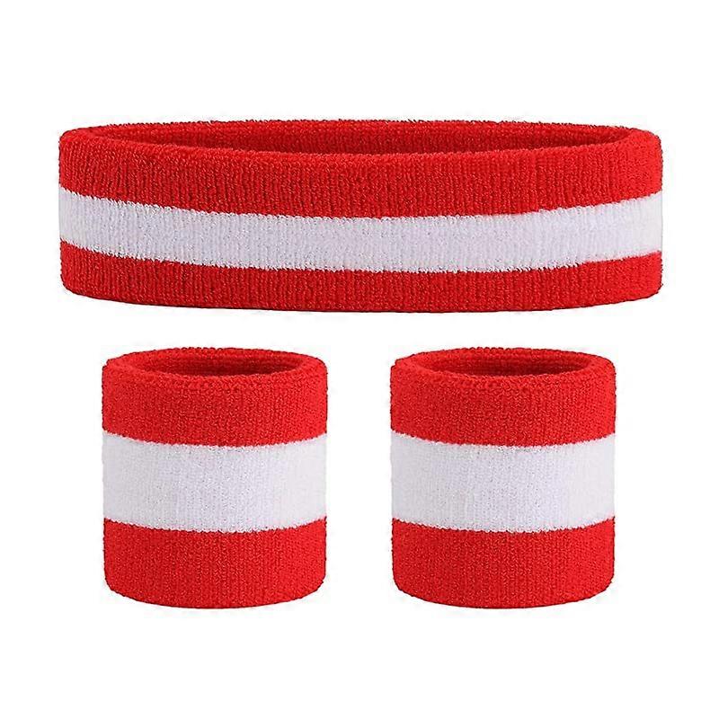 Juego de bandas para el sudor 3 piezas Diadema deportiva Muñeca Bandas de sudor a rayas Pulsera de tela de rizo Banda para el sudor de la muñeca de baloncesto de ejercicio atlético rojo / blanco / rojo